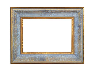 Wooden frame for paintings with gold patina. Isolated on white