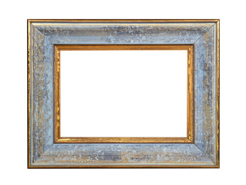 Wooden frame for paintings with gold patina. Isolated on white