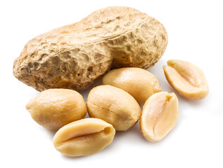 Peeled peanuts and peanut pod isolated on white background.