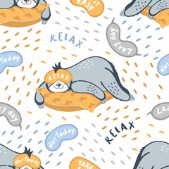 Naklejka premium Vector seamless pattern sleeping bears sloths. Sloth bears on pillows wearing sleep masks. Design for printing on textiles, children's clothing, paper, wallpaper, packaging.