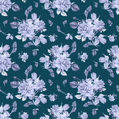 Flowers. Seamless watercolor pattern in blue tones