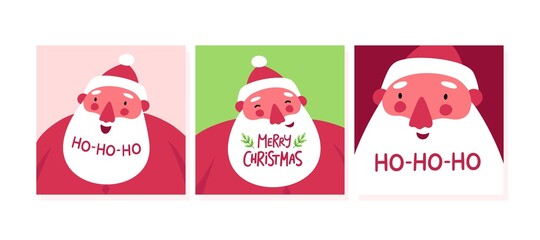 Merry Christmas and Happy New Year greeting card set with cute happy santa claus. Hand drawn lettering ho-ho-ho. Flat cartoon vector illustrations. For Christmas cards, banners, posters.