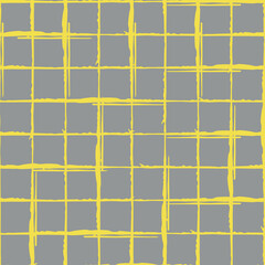 Grunge line vector seamless grid pattern background. Organic irregular lines.Painterly ink brush stroke style weave backdrop. Criss cross burlap effect geometric design.Yellow grey all over print
