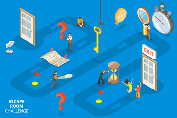 3D Isometric Flat Vector Conceptual Illustration of Escape Room Challenge, People with Flashlight, Map, Magnifying Glass are Searching the Exit.