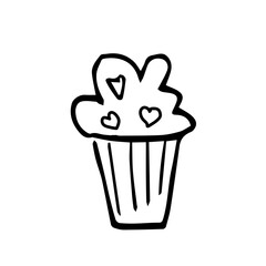 Image of muffins with chocolate chips in the form of hearts on a white background. doodle cupcake illustration can be used for cafe menu, bakery, flyers, postcards, tableware label