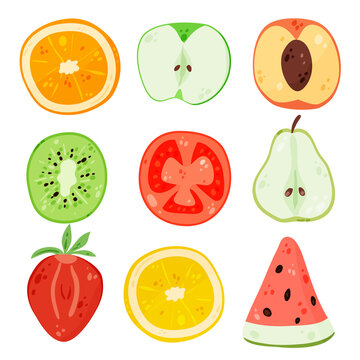 Isolated fruit slices collection. Set of various elements: apple, citruses, watermelon, peach, kiwi, tomato, strawberry. Fresh summer juice ingredients cartoon clipart.
