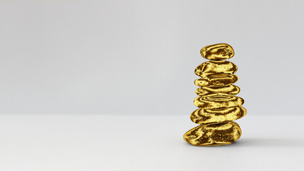 Stone Balance, golden stones forms a pyramid on a Ultimate Gray surface, minimalist, gold, trendy color, 2021, peace of mind