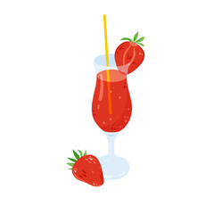 Strawberry juice isolated on white vector illustration. Summer refreshing cocktail design element. Healthy vegan smoothy in cartoon style.