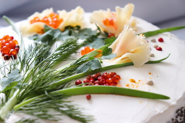 Сake with cream, cheese and vegetables