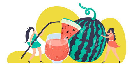 Summer beverages with tiny people cartoon illustration. Women holding fruit juices hand drawn doodle banner design. Vegan diet, healthy smoothy printing card