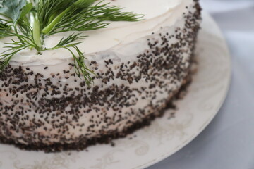 Сake with cream, vegetables and chia seeds