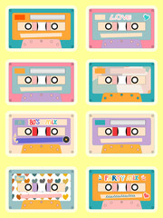Retro vintage tape cassettes set. Hand-drawn vector illustrations. 80's, Love, party mix music