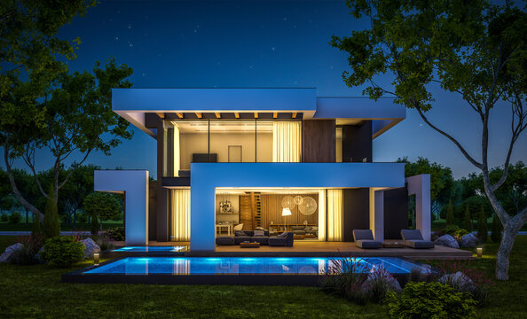 3d rendering of modern cozy house with pool and parking for sale or rent in luxurious style and beautiful landscaping on background. Clear summer night with many stars on the sky.