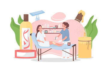 Depilation flat concept vector illustration. Epilation process. Leg waxing, sugaring. Professional hair removal. Cosmetologist 2D cartoon character for web design. Beauty salon procedure creative idea