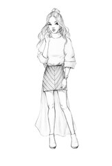 Fototapeta na wymiar fashion sketch of a young beautiful girl stylish image with a skirt sweater and shoes pencil drawing