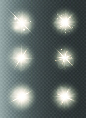 A set of glare, lights and stars. Bright golden flashes isolated on transparent background. Bright golden lights and glare. Vector illustration