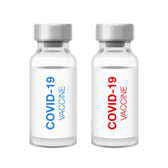 COVID-19 Vaccine. Medical vial for injection isolated on white background. Concept for medicine and healthcare, vaccination and fight against coronavirus. Vector Illustration.