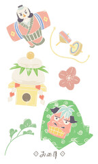 シンプル手描き水彩風お正月小物イラスト
