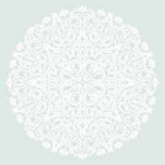 Grey background with white mandala ornament in the east style. Ideal for printing on fabric or paper for textile, wrapping. Vector illustration.