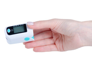 Pulse Oximeter equipment in hand on white background isolation