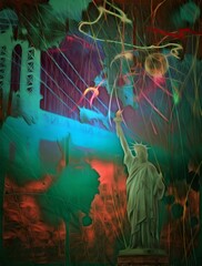 Abstract painting. Manhattan bridge and Liberty Statue. 3D rendering