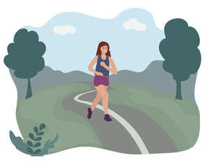 Woman running through the park. Sports training on the street. Runner in motion. Marathon and long runs in the street. Healthy lifestyle and fitness every day. comfortable athletic clothing for runnin