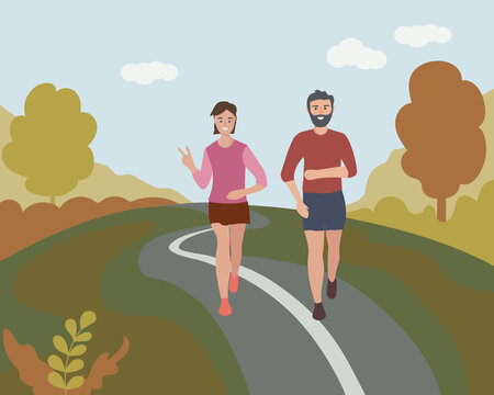 A man and a woman running through an autumn park. Sports training on the street. Runners on the move. Marathon and long runs outside. running and fitness every day in all weathers. vector flat