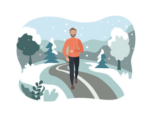 man running in a winter park. Sports training outside in the snow. Runner on the move. Marathon and long runs outside. running and fitness every day in all weathers. comfortable sportswear.