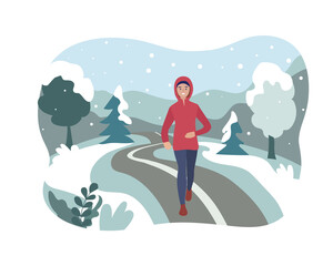 a woman running in a winter park. Sports training outside in the snow. Runner in motion. Marathon and long runs outside. running and fitness every day in all weathers. comfortable sportswear