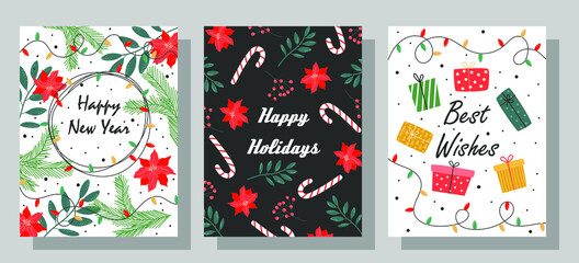 Collection of cartoon postcards for the New Year 2021. Bright design with decorative symbols of winter holidays with New Year's ornament. Vector illustration
