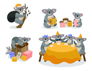 Set of Christmas koalas isolated on white background. Little cartoon Australian bears with gifts at the festive table greet the New Year. Vector illustration
