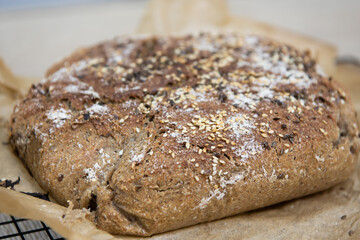 Freshly homemade wholemeal bread. Homemade bread with wholemeal flour. 