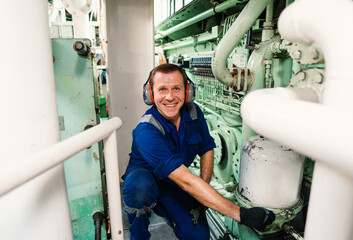 Marine engineer officer controlling vessel engines and propulsion in engine control room ECR. Ship...