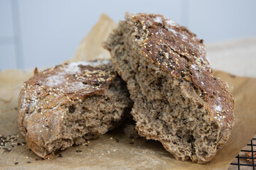 Freshly homemade wholemeal bread. Homemade bread with wholemeal flour. 
