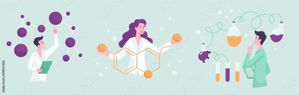 Wall mural scientific research abstract concept. scientist characters conducting laboratory researches. set of 