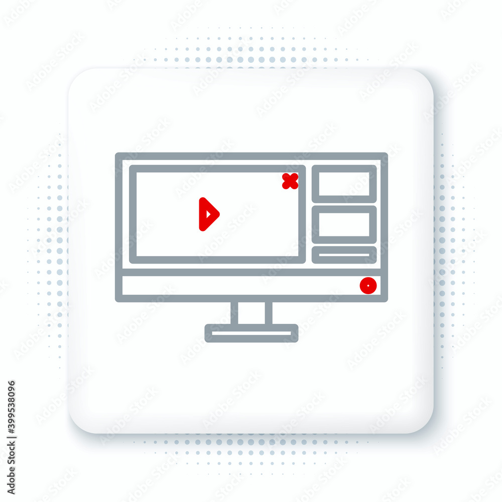 Poster line video recorder or editor software on computer monitor icon isolated on white background. colorf