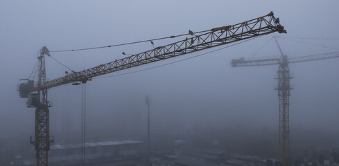 Construction cranes in the fog against the dark gray sky