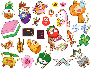 柏餅など季節のものを使ったキャラクターイラスト