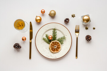 Fototapeta na wymiar Christmas or New year table setting. Top view, flat lay