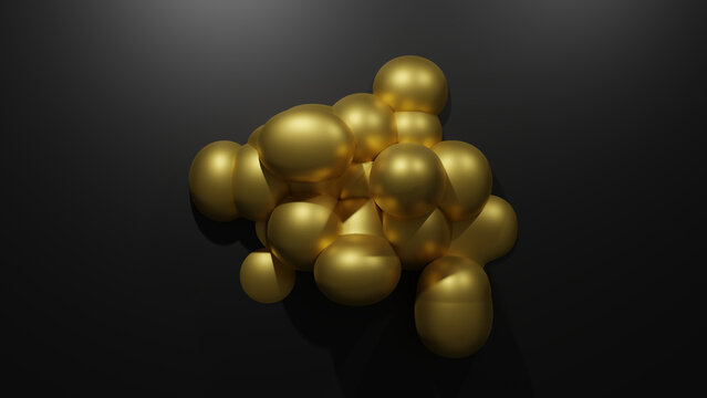 The 3D rendering picture of a group of gold bubble isolated on the black background.