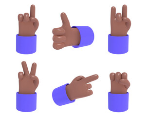 3D render, plastic cartoon afro american hand with index finger, horn sign, peace, thumbs up, protest, fist. Indicating, showing something. Hand gestures set.