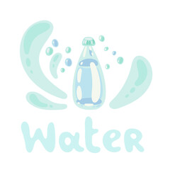 Water plastic bottle. Bottled water. Plastic container. Beverage plastic, glass packaging, cold water storage. Flat doodle bottle illustration with splashes. Isolated clipart vector icon with a title