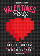 Valentines Day Flyer Template. Valentine party brochure with typography and pixel hearts. Stock vector holiday card design