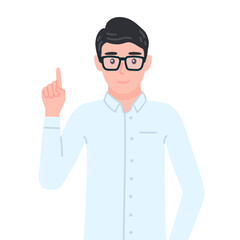 Businessman pointing finger up. Office employee came up with business idea, gesturing
