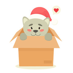 Adopt a pet - cute cat in a box, long-awaited Christmas present, pet. Vector illustration in flat style.