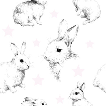 Drawing with rabbits collage cute fuzzy pattern 3 Pencil sketch With the stars