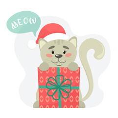 Cute kitten with a gift box and a Santa hat. Vector illustration in flat style.