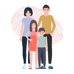 Happy family. Son and daughter, dad and mom stand together. Parents and children