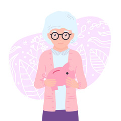 Cute grandmother holds piggy bank in her hands. Female pensioner personage makes an investment