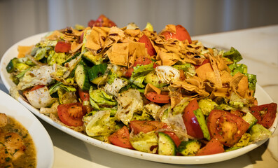 Delicious and divers Arab meal on a big table